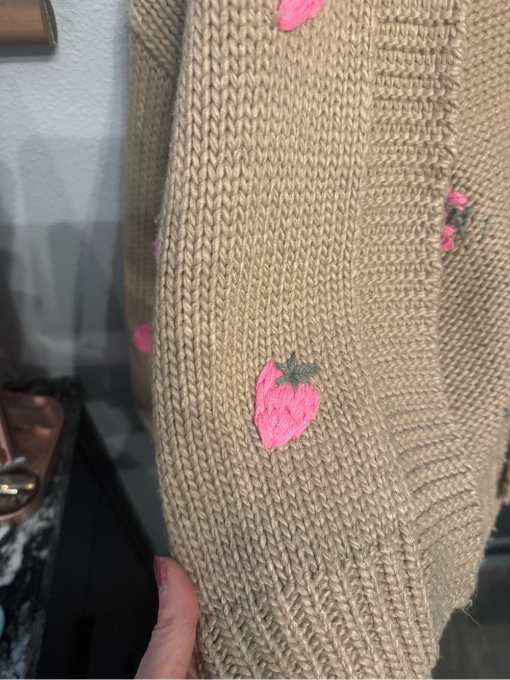Forever 21 Chunky Tan Cardigan Sweater with Cute Pink Strawberry Embroidery 🍓 - Picture 9 of 14